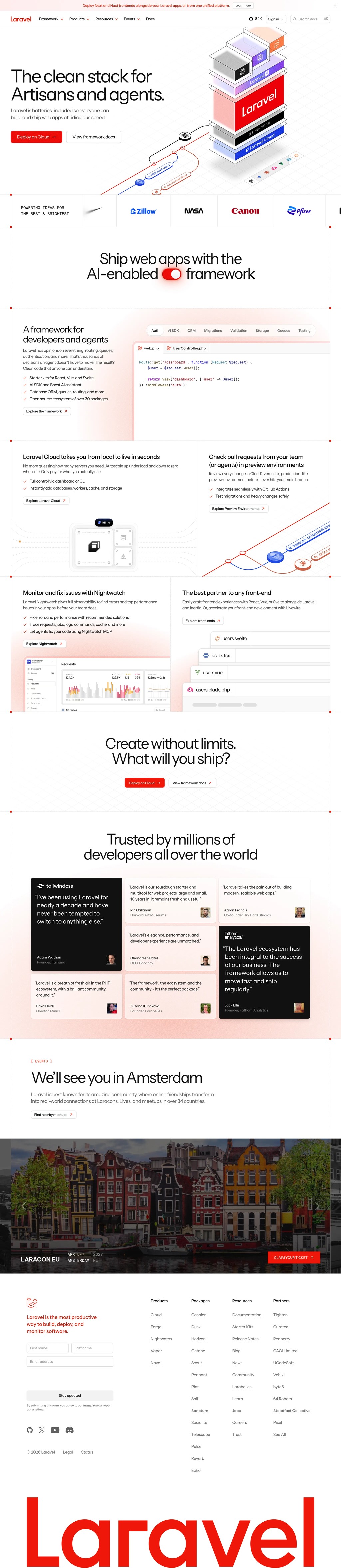 Laravel - The clean stack for Artisans and agents desktop landing page