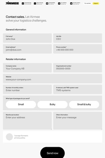 Airmee | Fossil free, fast delivery landing page