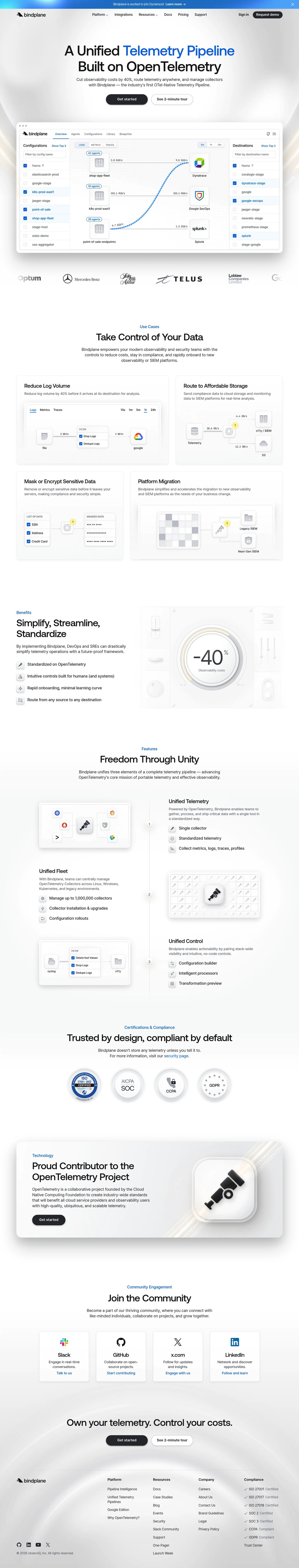 OpenTelemetry-Native Telemetry Pipeline for Observability Teams | Bindplane desktop landing page