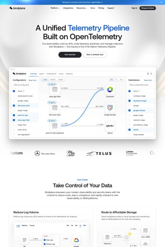 OpenTelemetry-Native Telemetry Pipeline for Observability Teams | Bindplane landing page