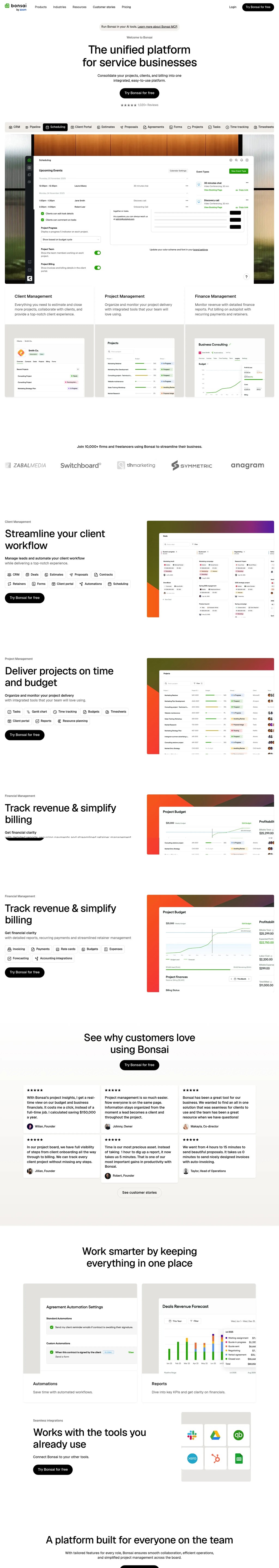 Bonsai - Business management software desktop landing page