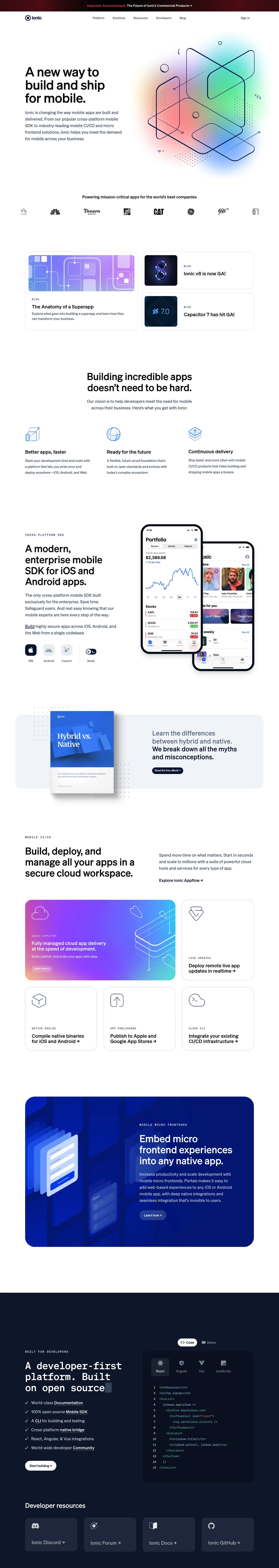 Ionic: Enterprise App Platform desktop landing page