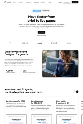 Agentic web platform and headless CMS | Prismic landing page