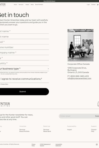 Hunter Amenities landing page