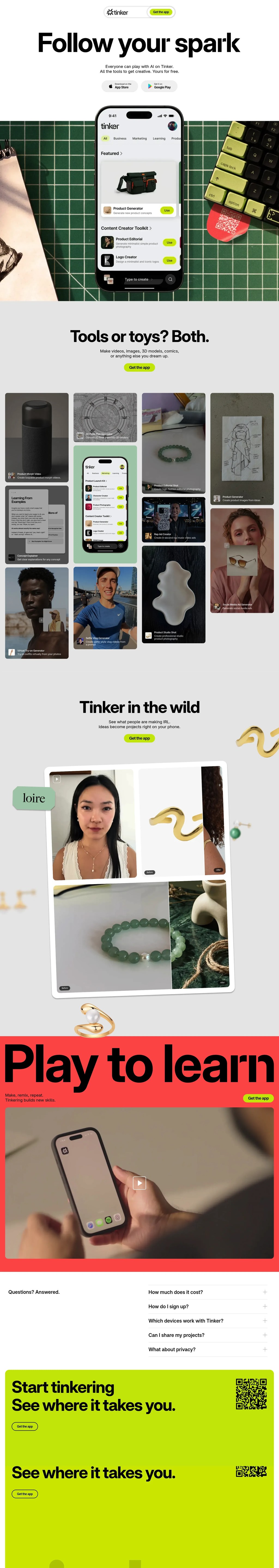 Tinker — Play with AI, bring your ideas to life desktop landing page