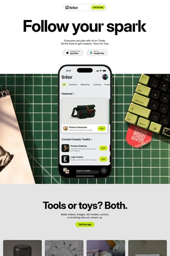 Tinker — Play with AI, bring your ideas to life landing page