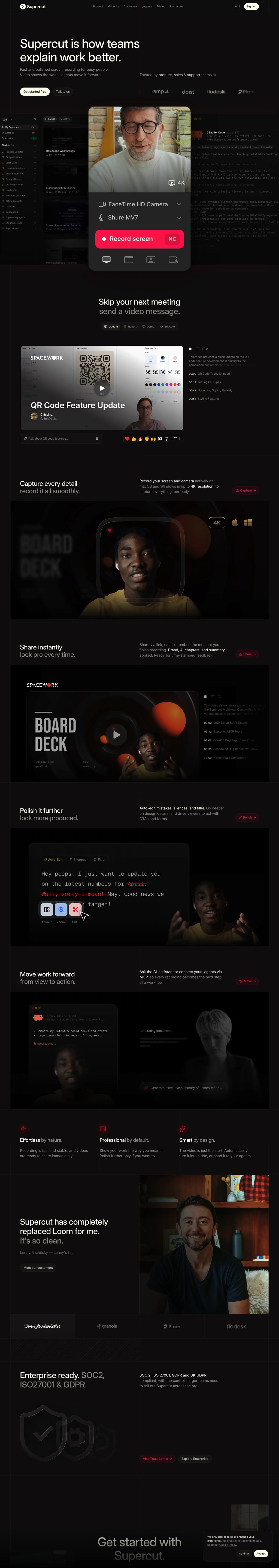 Fast and polished screen recording for busy people. Video shows the work, agents move it forward. desktop landing page