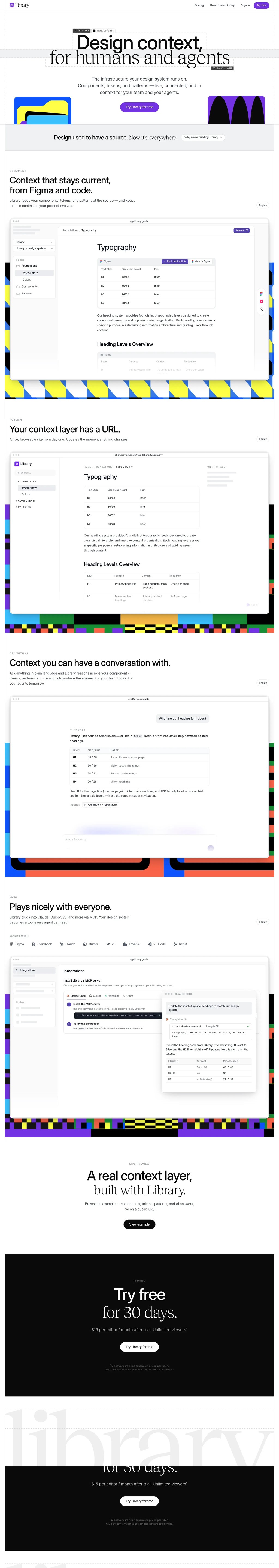 Library — Design systems & context for humans and agents desktop landing page