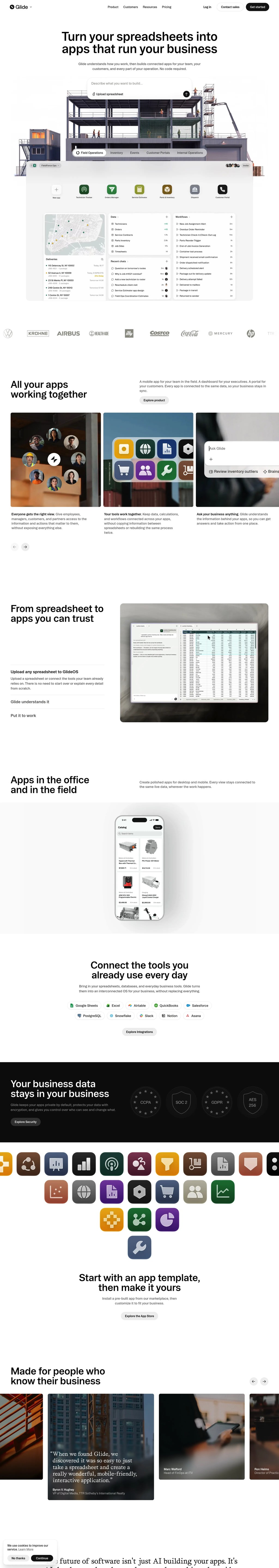 AI App Builder: Turn Spreadsheets into Business Apps | Glide desktop landing page