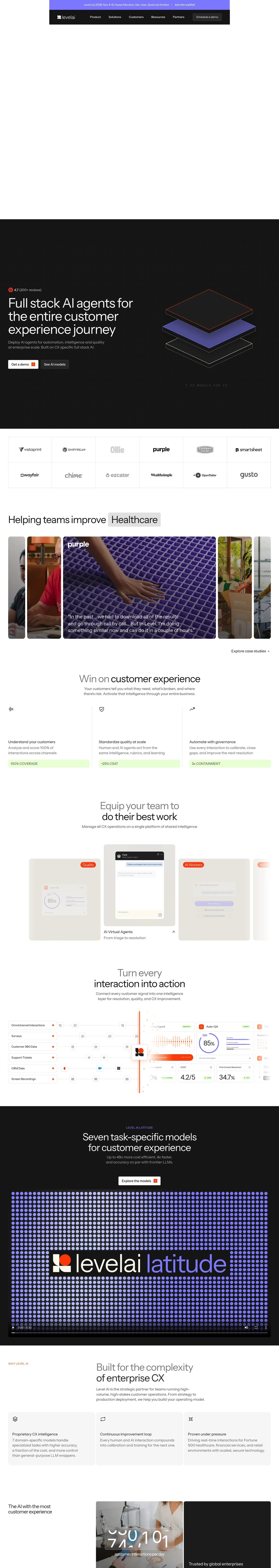 AI + human intelligence through the full customer journey | Level AI desktop landing page