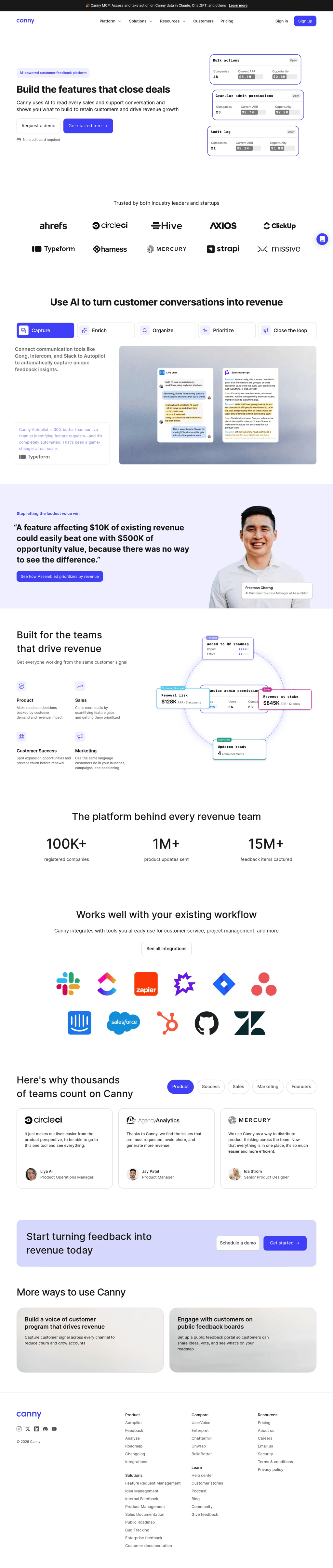 Canny: AI Customer Feedback Management Software and Tools desktop landing page