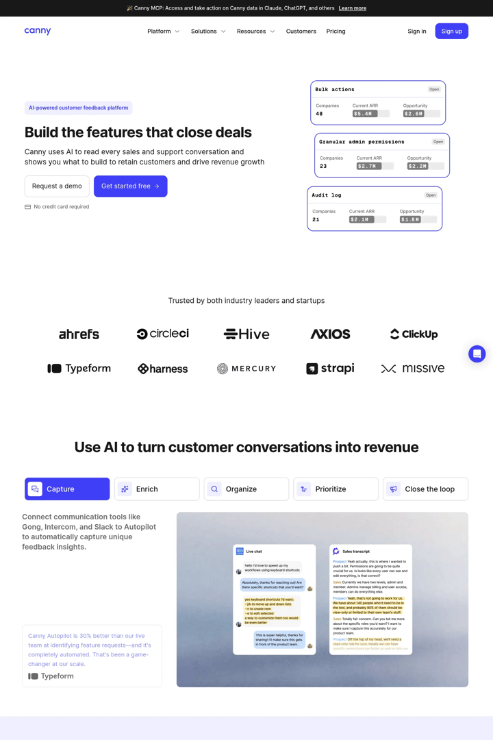 Canny: AI Customer Feedback Management Software and Tools landing page screenshot