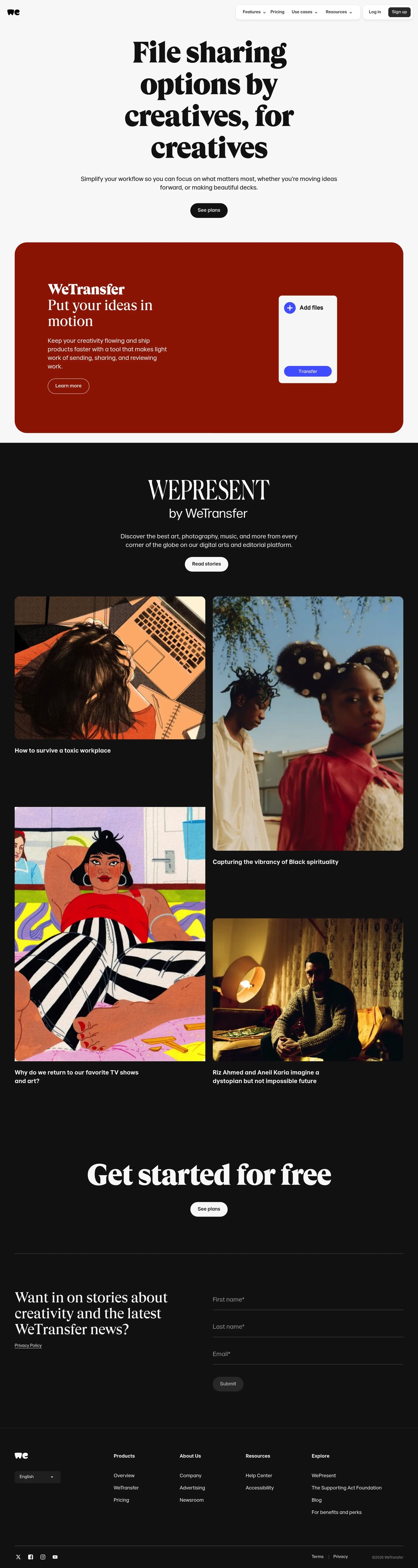 Explore All WeTransfer File Sharing Products | WeTransfer desktop landing page