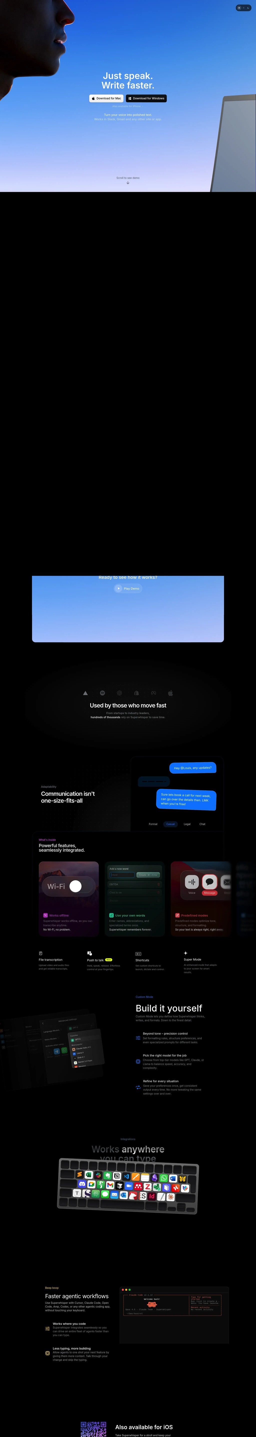 Superwhisper — AI Voice to Text for macOS, Windows & iOS desktop landing page