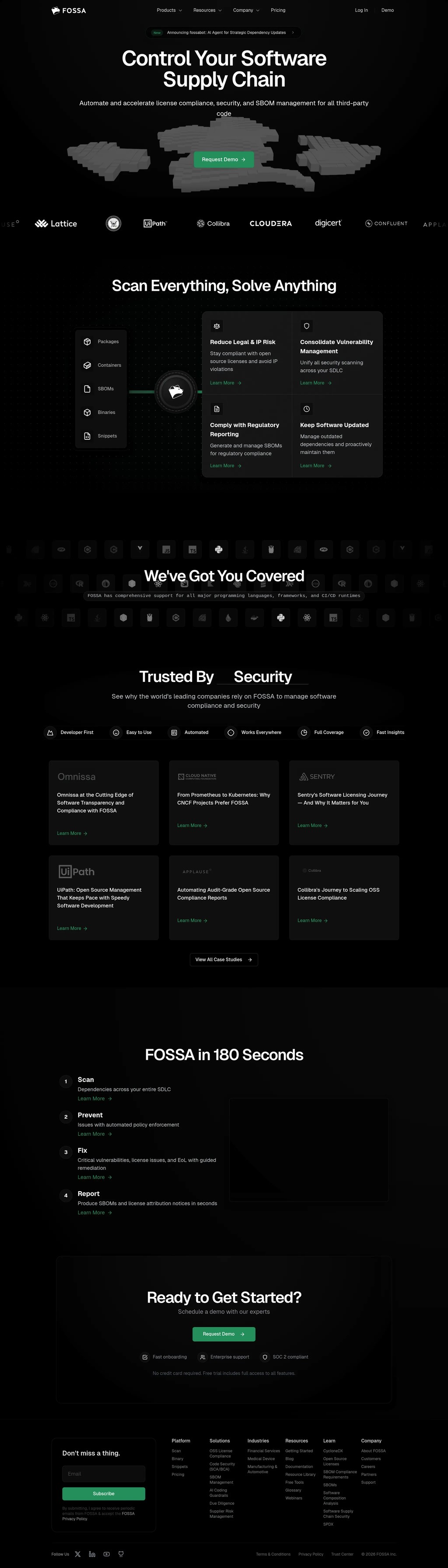FOSSA - Control Your Software Supply Chain desktop landing page