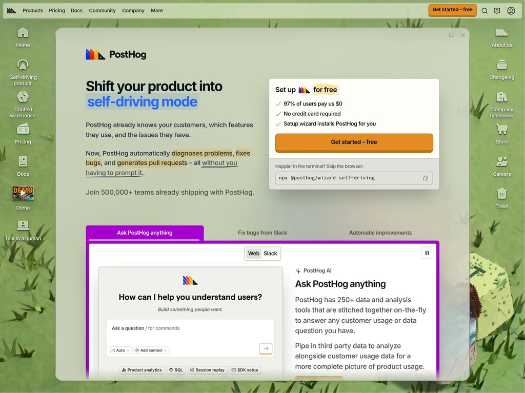 PostHog – We make your product self-driving desktop landing page
