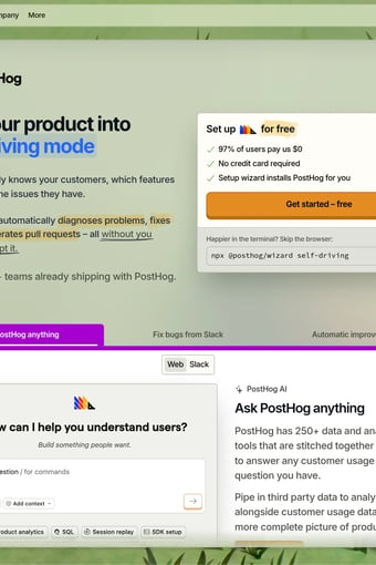 PostHog – We make your product self-driving landing page