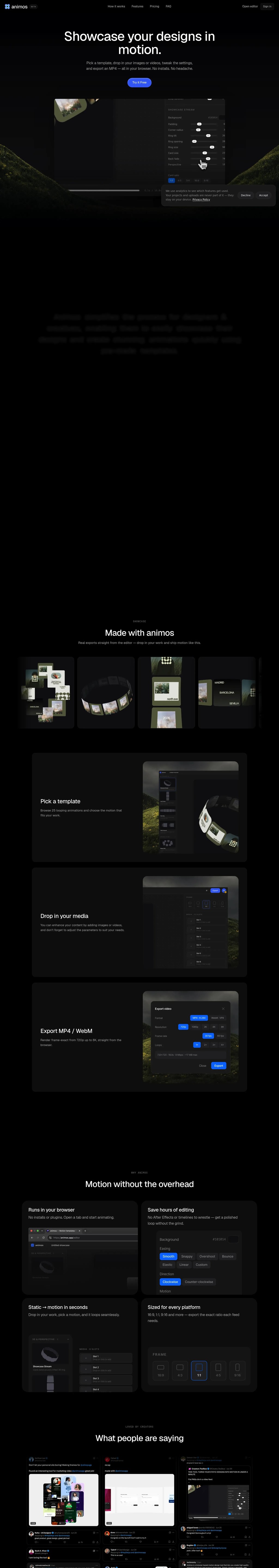 animos — Motion templates for design showcases desktop landing page