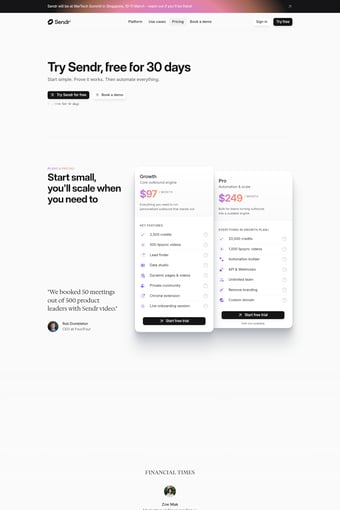 Sendr landing page