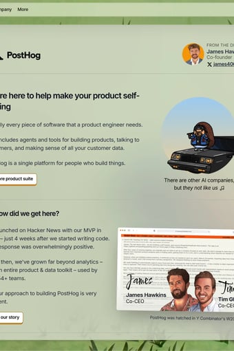 PostHog – We make your product self-driving landing page