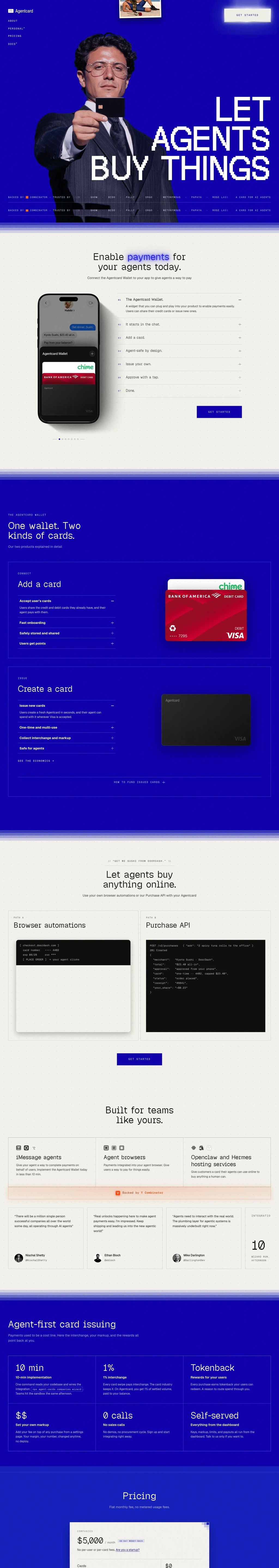 Agentcard · Let agents buy things desktop landing page