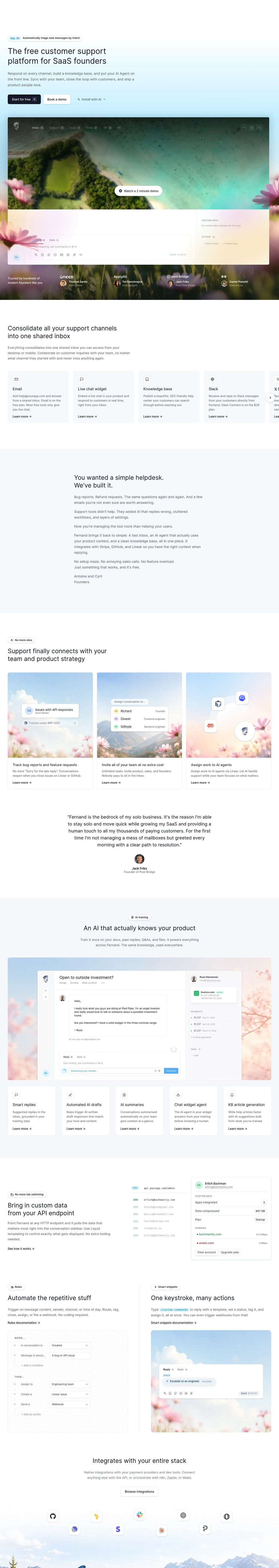 Fernand — The free customer support platform for SaaS founders desktop landing page