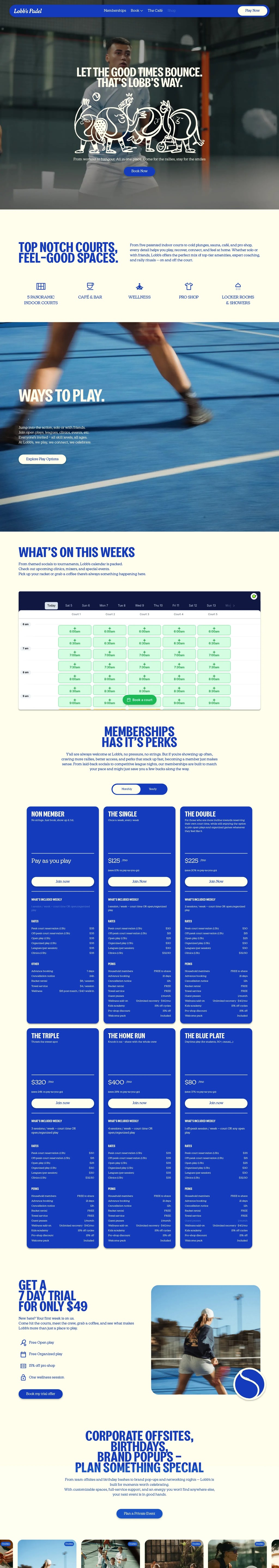 Lobb's Padel | Let the good times bounce. desktop landing page