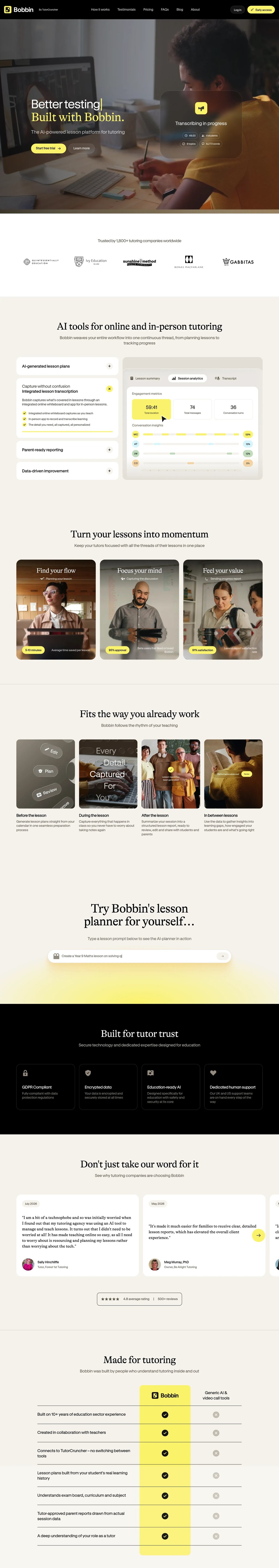 Bobbin — AI lesson planning for tutors desktop landing page