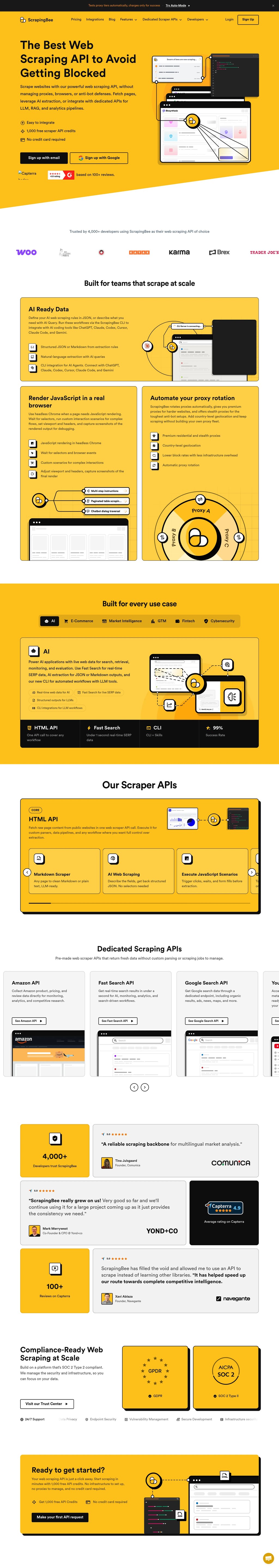 ScrapingBee – The Best Web Scraping API desktop landing page