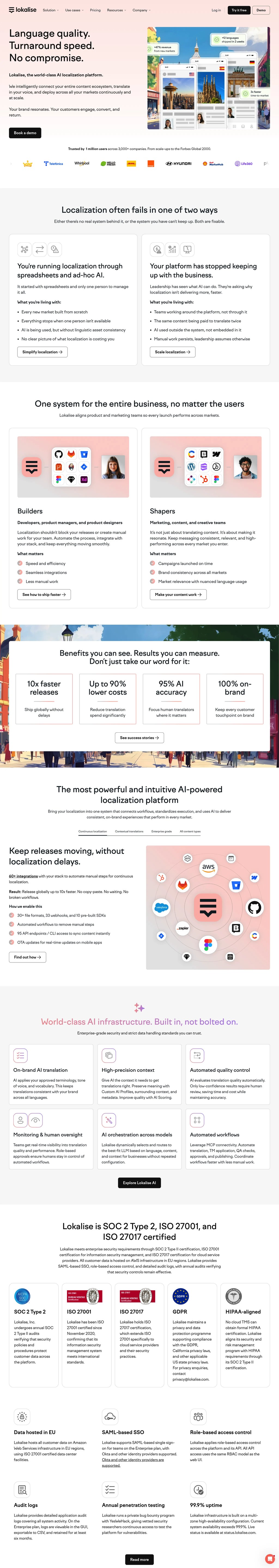 World-class AI localization platform | Lokalise desktop landing page