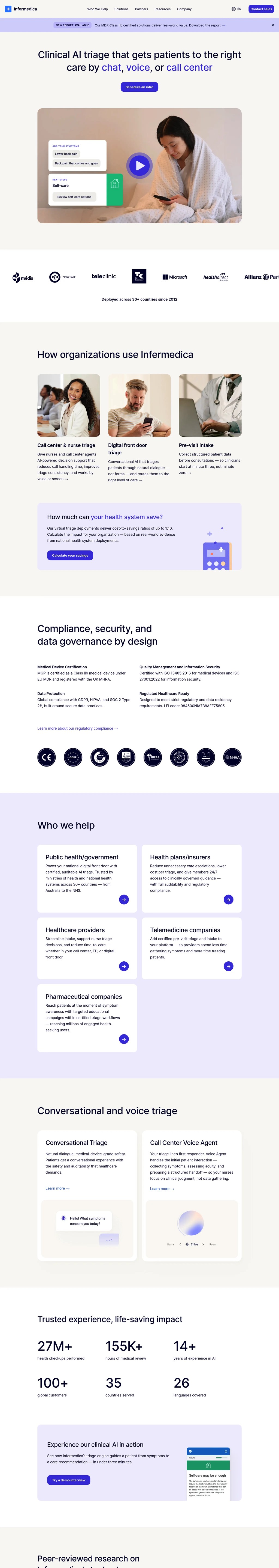 Infermedica's clinical AI triage for accurate patient care navigation desktop landing page