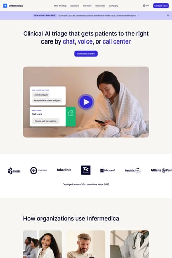Infermedica's clinical AI triage for accurate patient care navigation landing page