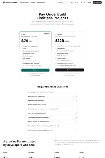 Shadcnexamples: Shadcn UI Components and Blocks landing page