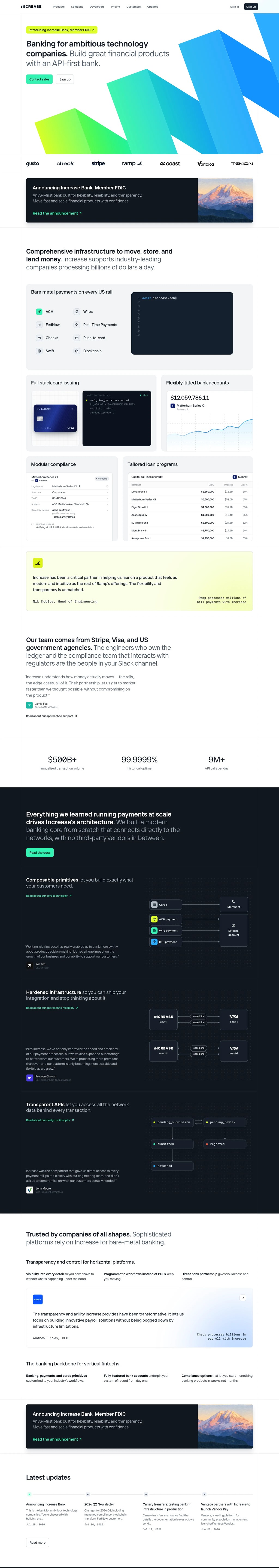 Increase — Banking for ambitious technology companies desktop landing page