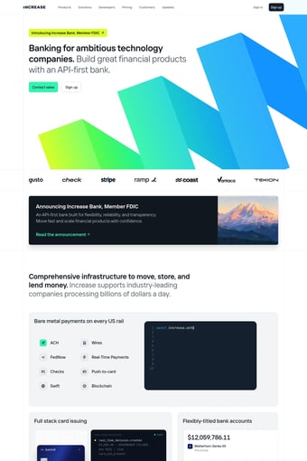 Increase — Banking for ambitious technology companies landing page