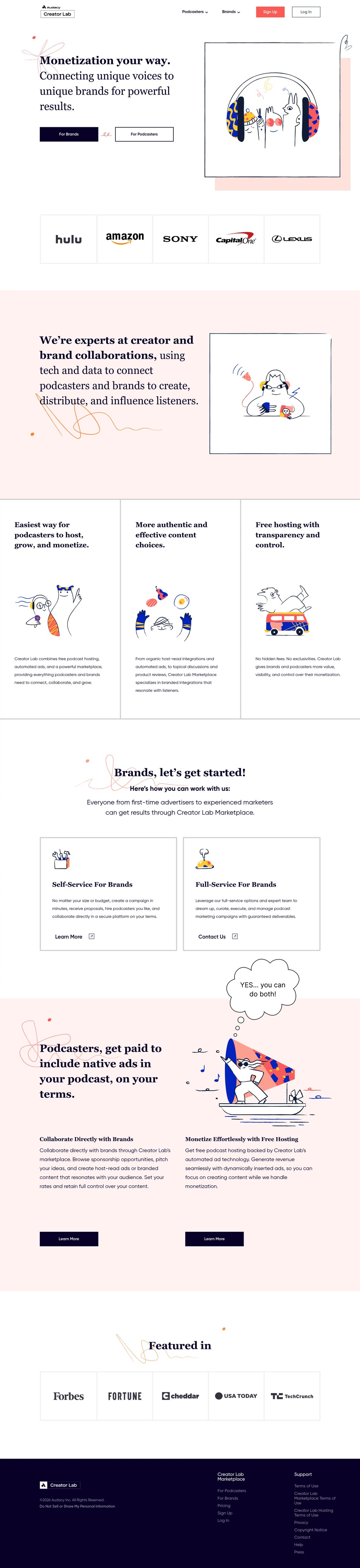 Marketplace for Podcast Sponsorships and Advertising desktop landing page