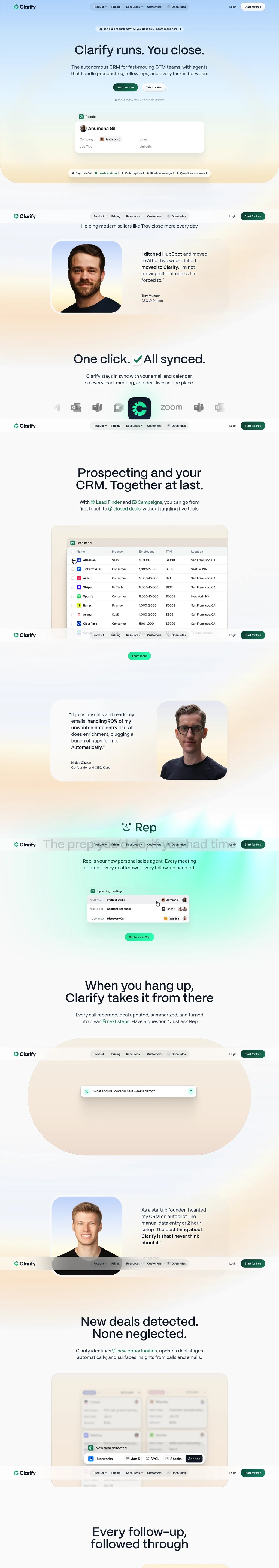 Clarify - The Autonomous CRM desktop landing page