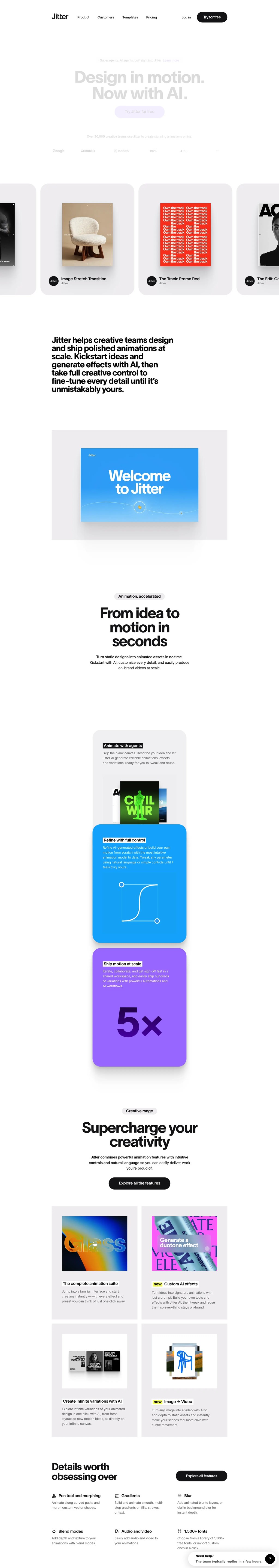 Jitter · A fast and simple motion design tool on the web desktop landing page
