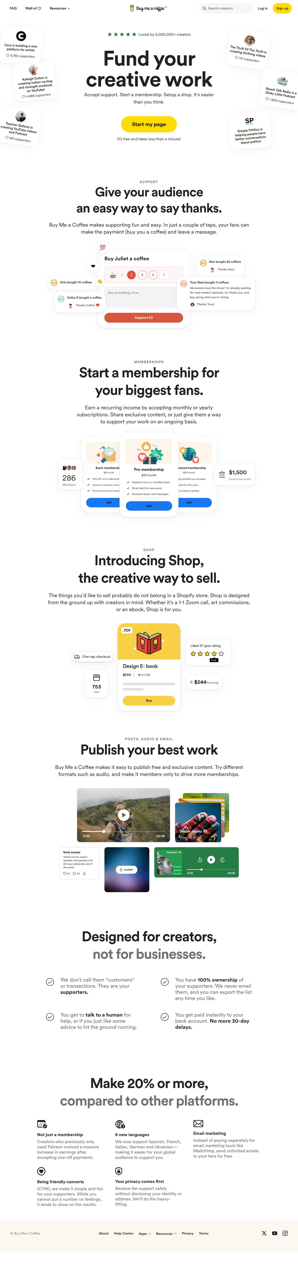 buymeacoffee.com desktop landing page