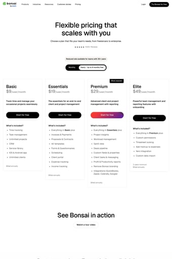 Bonsai - Business management software landing page