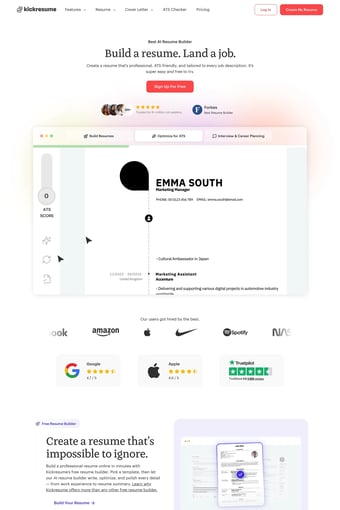 Kickresume | Best Online Resume & Cover Letter Builder landing page