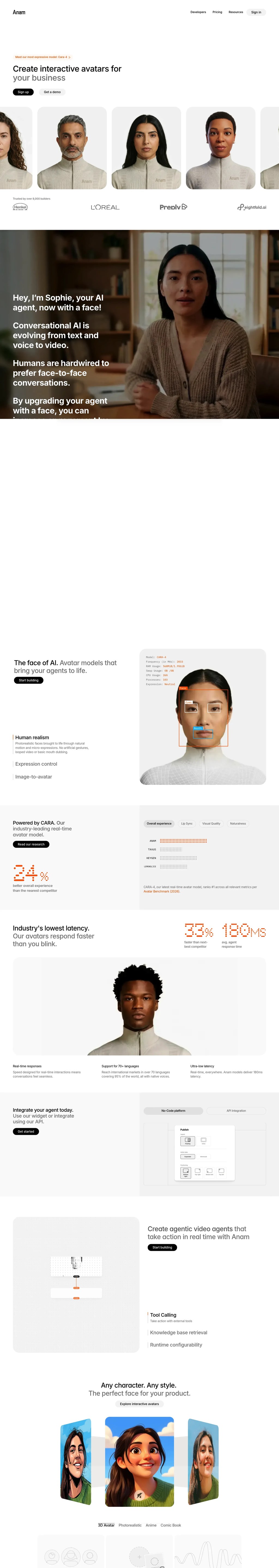 Anam - Real-Time Interactive AI Avatars API desktop landing page