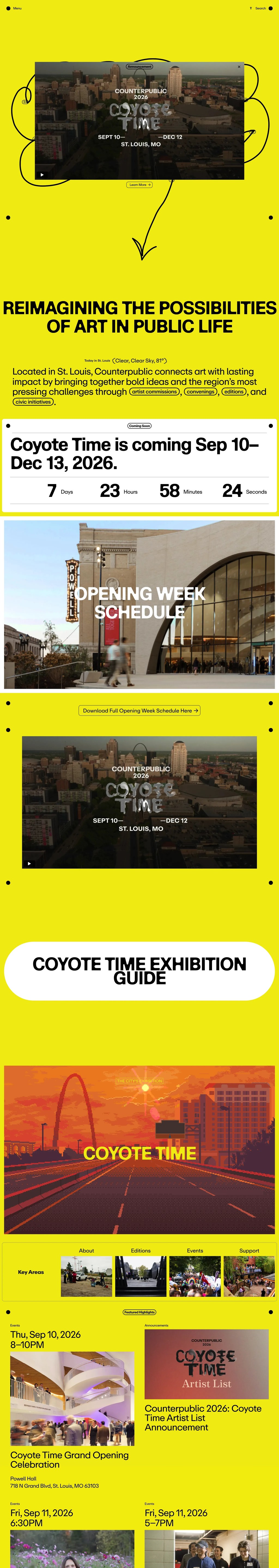 Counterpublic – Counterpublic is a civic exhibition that weaves contemporary art into the life of St. Louis for three months every three years in order to reimagine civic infrastructures towards generational change. desktop landing page