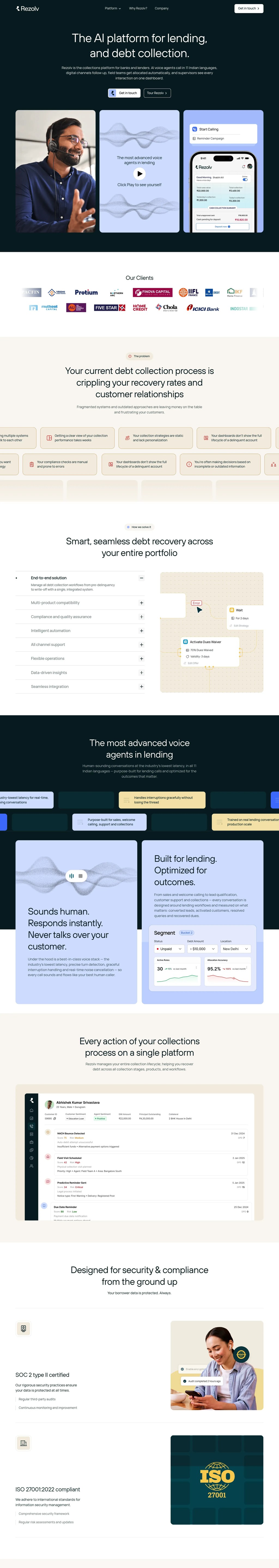 The AI platform for lending, and debt collection. desktop landing page