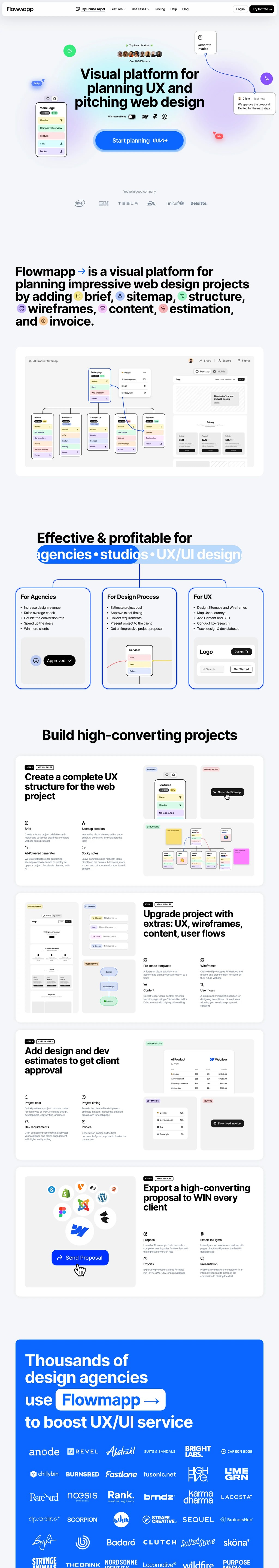 Flowmapp website planning tool: Sitemaps, User Flows, Wireframes, and Content desktop landing page