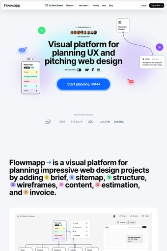 Flowmapp website planning tool: Sitemaps, User Flows, Wireframes, and Content landing page