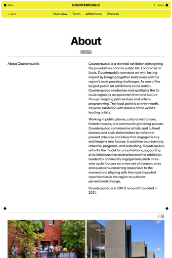 Counterpublic – Counterpublic is a civic exhibition that weaves contemporary art into the life of St. Louis for three months every three years in order to reimagine civic infrastructures towards generational change. landing page