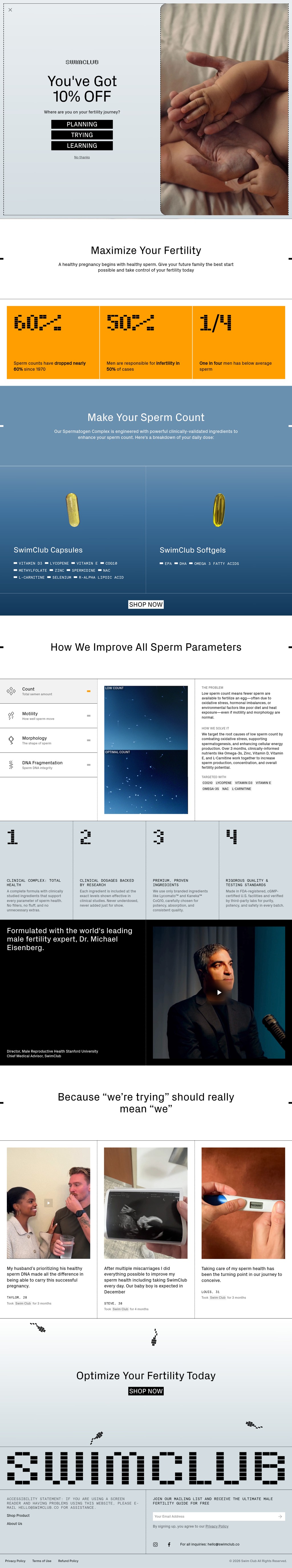 Swim Club desktop landing page