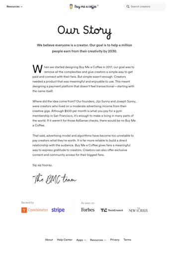 buymeacoffee.com landing page