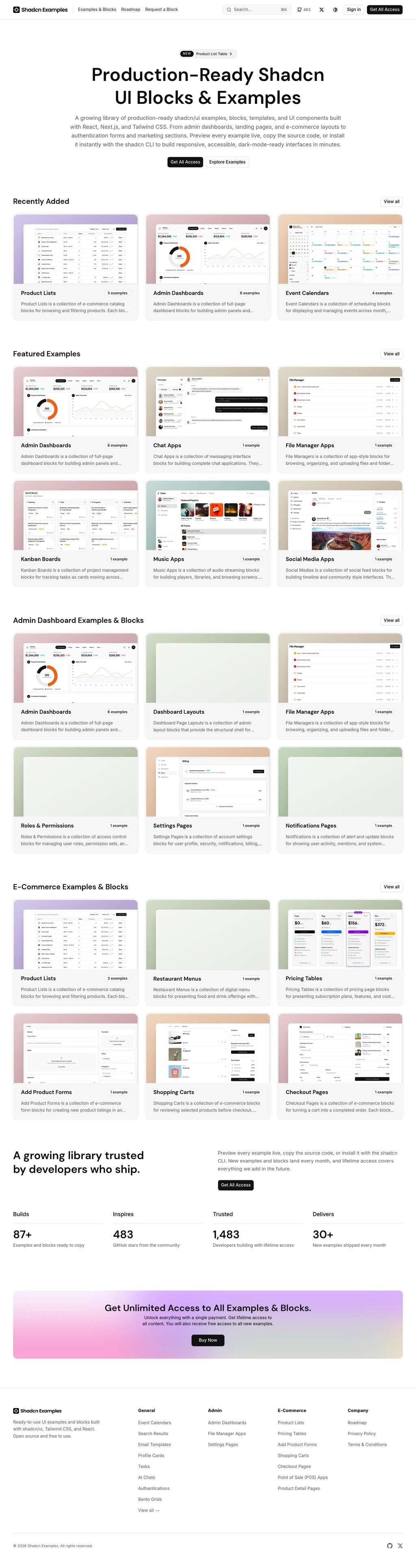 Shadcnexamples: Shadcn UI Components and Blocks desktop landing page
